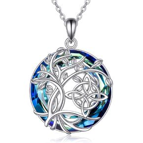 POPLYKE Tree of Life Necklace for Women Sterling Silver Celtic Knot Family Tree With Blue/Purple/Volcano Crystal Irish Gifts for Mom Daughter Wife Birthday Christmas