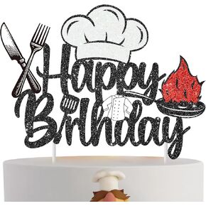 Chef Birthday Cake Topper Glittery Black Cook Theme Happy Birthday Cake Topper Cooker Birthday Party Cake Pick Decoration for Masterchef Birthday Kitchen Cooking Theme Baby Shower Supplies