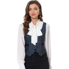 Allegra K Women's Square Neck Christmas Single Breasted Sleeveless Vintage Plaid Waistcoat Vest