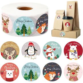 1000Pcs Christmas Stickers Roll 1.5" Xmas Cartoon Animal Label Stickers Adhesive Paper Decals for Holiday Seals Cards Presents Envelopes, 8 Designs