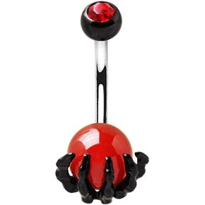 Pierced Owl Black PVD Plated Skull Hand with Crystal Orb Belly Button Ring