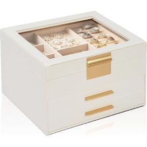 AKOZLIN 3-Tier Jewelry Box with Clear Glass Lid Functional Leather Jewelry Storage Organizer Case 2 Drawers for Women Girls Necklace Ring Bracelet Earring Champagne