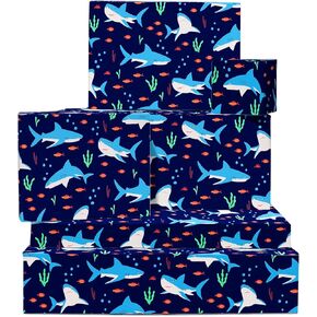 CENTRAL 23 Shark Wrapping Paper - 6 Sheets of Gift Wrap and Tags - Sharks and Fish - Underwater Theme - Blue Wrapping Paper for Boys - Girls Birthday Wrapping Paper - Gift for Kids - Recyclable