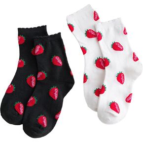 SHENHE Women's 2 Pairs Cute Patterned Crew Socks Breathable Above Ankle Strawberry Socks