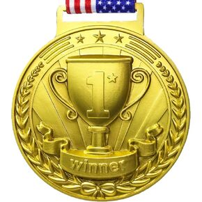 3D Gold Award Medals - 2.56 Inch Wide Olympic Medals with Trophy Pattern Decorations Stars and Stripes American Flag V Neck Ribbon - Medals for Adults & Kids, 1st Place Medals (Gold-1pc)