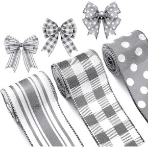 Grey Wired Edge Ribbon Plaid Ribbon 3 Rolls 2.5 Inch Farmhouse Ribbon Buffalo Check Gray Ribbon Polka Dot Striped Ribbon Buffalo Plaid Ribbon Wire Ribbon for DIY Crafts Gifts Wreath Bow, 15 Yards