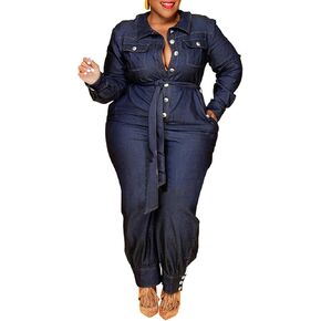 Sexyshine Women's Plus Size Denim Jumpsuit Button Down Lapel Collar Oversized Jeans Rompers Overalls with Belt