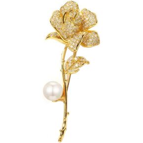 Crystal Pearl Rose Brooch Rose Lapel Pin Gold Rhinestone Lapel Pin Rose Brooch Fabric Dress Accessory Ladies Gift