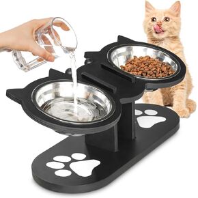 Cat Bowls Elevated, Raised Cat Food Bowls for Indoor Cats, Adjustable Heights Cat Food and Water Bowl with Black Shelf,2 Stainless Steel Elevated Cat Bowls with 15°Tilted,Cat Dishes for Food and Water