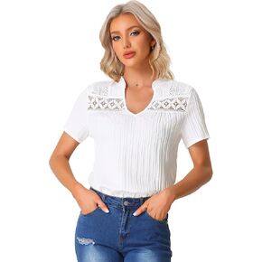 Allegra K Women's Summer V Neck Short Sleeve Crochet Trim Textured Top