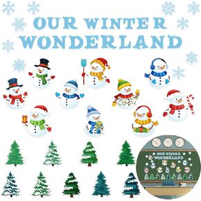 Haooryx 83Pcs Christmas Winter Snowmen Bulletin Board Set Classroom Decoration, Snow Snowman Patterned Paper Cut-Outs Blackboard Border Decor for Xmas Party Home School Classroom Window Wall Decor