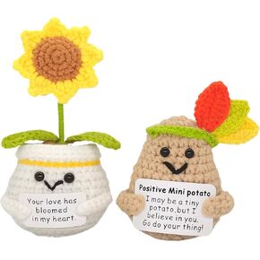 2 Pcs Mini Cute Funny Positive Life Bunny Creative Knitted Animal Holding Card Crochet Easter Birthday Christmas Girls Gift (Pair 03)