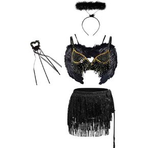 ABAFIP Women Devil Costume Angel Halloween Cosplay Outfits Sequin Fringe Top Skirt Horns Headband Accessories Set