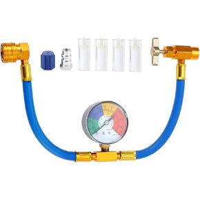 R134A AC Refrigerant Recharge Hose Kit, 134a Recharge Hose with Pressure Gauge, 1/2’’ Self-Sealing Valve Can, R134A Low Side Quick Coupler & Oil Detection Cottons & Dust Cap