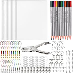 Goaste 198 Pieces Shrink Plastic Sheet Kit, Shrink Art Kit Include 20PCS Shrink Film Paper, Hole Punch, 12 Colored Pencils, 165 Keychains Accessories for Kids Creative Craft, DIY Ornaments Craft