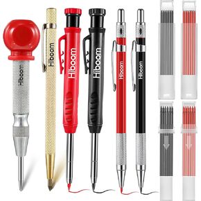 Hiboom Carpenter Pencils with Center Punch, Deep Hole Marking Pencile Mechanical with Built-in Sharpener, Carbide Scribe Tool Woodworking Pencils with 40 Refills Red Gray, for Architect Carpenter