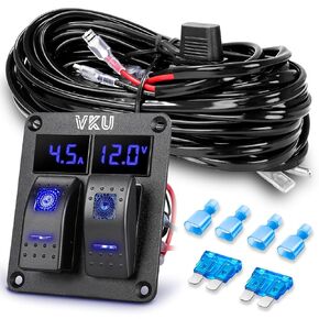 Light Bar Wiring Harness Kit with 2 Gang Rocker Switch Panel Ammeter and Voltmeter Display, 12V to 24V DC Aluminum ON Off Panel Switch, 16AWG LED Wiring Kit for RV Cars Marine Boats ATVs Trailer