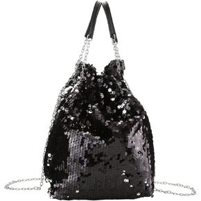 Ayliss Women Drawstring Bucket Bag Tote Shoulder Handbag Clutch Bag Reversible Mermaid Sequin Chain Crossbody Handbags