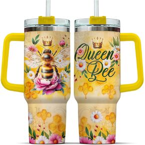 Tumbler 40 Oz With Handle Lid And Straw, Queen Bee Crown Floral, Bee Gifts, Flower Tumblers Handle Daisy Yellow, Bee Double Wall Vacuum Floral Coffee Hot And Iced Yellow