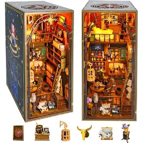 Book Nook Kit, TMIYO DIY Miniature Dollhouse Kit for Adults, 3D Wooden Puzzle Booknooks Bookends Stand Bookcase Model Build for Bookshelf Insert Decor with Sensor Light