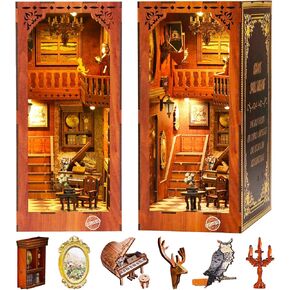 مجموعة زوايا الكتب، مجموعة بيت الدمى المصغرة من TMIYO DIY للبالغين، دفاتر ألغاز خشبية ثلاثية الأبعاد ودفاتر الكتب وحامل الكتب نموذج بناء لديكور رف الكتب مع ضوء مستشعر