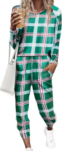 Ekouaer Women's Pajama Sets Casual 2Pcs Sleepwear Long Sleeve Pullover Tops Long Joggers Pants with Pockets in Kuwait