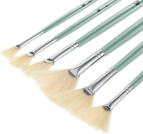 Prasacco 6 Pieces Artist Fan Paint Brush Set, White Hog Bristle Fan Paint Brush Professional Artist Paint Brushes Set with Long Wood Handles for Acrylic Watercolor Oil Painting (2/4/6/8/10/12#) in Saudi Arabia