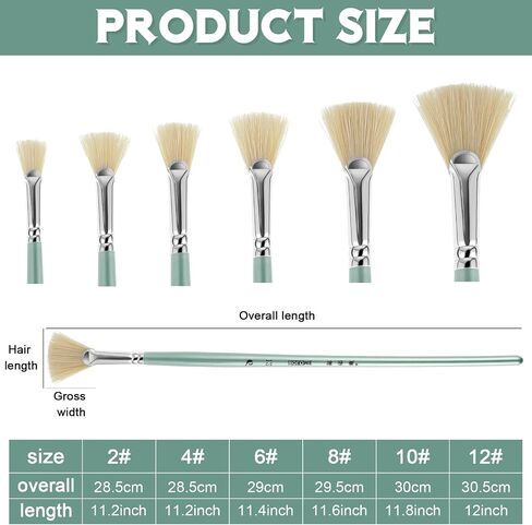 Prasacco 6 Pieces Artist Fan Paint Brush Set, White Hog Bristle Fan Paint Brush Professional Artist Paint Brushes Set with Long Wood Handles for Acrylic Watercolor Oil Painting (2/4/6/8/10/12#) in Saudi Arabia