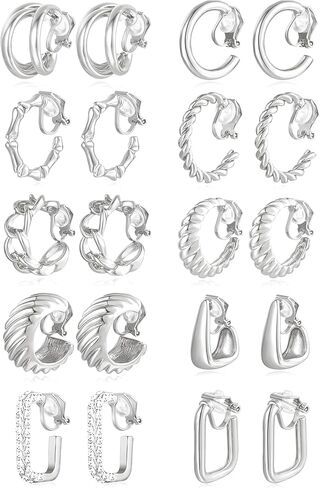 10 Pairs Clip on Hoop Earrings for Women Men Twist Round CZ Chunky Hoop Clip Earring No Piercing Fake Earrings Sets Gold Silver Tone in Kuwait