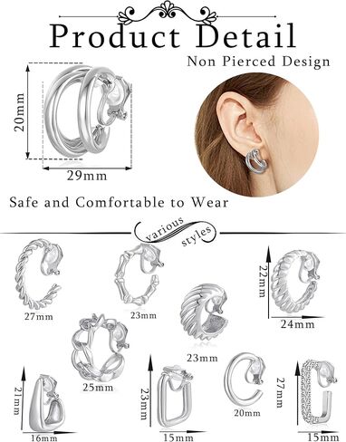 10 Pairs Clip on Hoop Earrings for Women Men Twist Round CZ Chunky Hoop Clip Earring No Piercing Fake Earrings Sets Gold Silver Tone in Kuwait