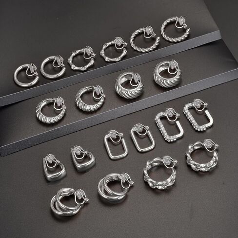 10 Pairs Clip on Hoop Earrings for Women Men Twist Round CZ Chunky Hoop Clip Earring No Piercing Fake Earrings Sets Gold Silver Tone in Kuwait