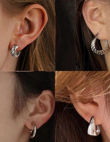 10 Pairs Clip on Hoop Earrings for Women Men Twist Round CZ Chunky Hoop Clip Earring No Piercing Fake Earrings Sets Gold Silver Tone in Kuwait