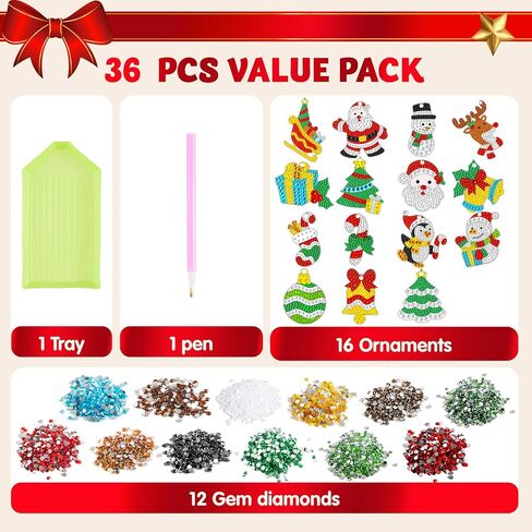 JOYIN 16 Pcs Christmas Diamond Art Ornaments Kit, 5D DIY Diamond Craft with Keychains for Kids, Diamond Painting Art Activities, Xmas Rhinestone Party Favors, Holiday Decor, Classroom Games (Age 8+) in Saudi Arabia
