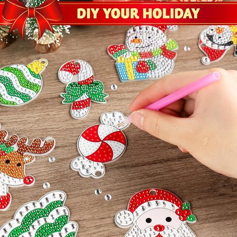 JOYIN 16 Pcs Christmas Diamond Art Ornaments Kit, 5D DIY Diamond Craft with Keychains for Kids, Diamond Painting Art Activities, Xmas Rhinestone Party Favors, Holiday Decor, Classroom Games (Age 8+) in Saudi Arabia