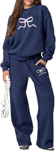 2 قطعة صالة مجموعات للنساء الخريف Sweatsuits القوس طباعة طويلة الأكمام طاقم الرقبة واسعة الساق Sweatpants مطابقة رياضية in Kuwait