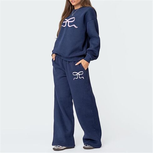 2 قطعة صالة مجموعات للنساء الخريف Sweatsuits القوس طباعة طويلة الأكمام طاقم الرقبة واسعة الساق Sweatpants مطابقة رياضية in Kuwait