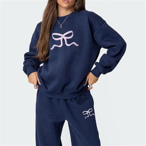 2 قطعة صالة مجموعات للنساء الخريف Sweatsuits القوس طباعة طويلة الأكمام طاقم الرقبة واسعة الساق Sweatpants مطابقة رياضية in Kuwait