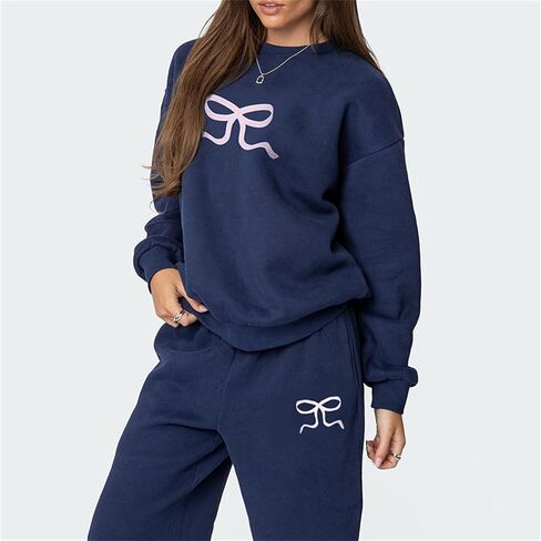 2 قطعة صالة مجموعات للنساء الخريف Sweatsuits القوس طباعة طويلة الأكمام طاقم الرقبة واسعة الساق Sweatpants مطابقة رياضية in Kuwait