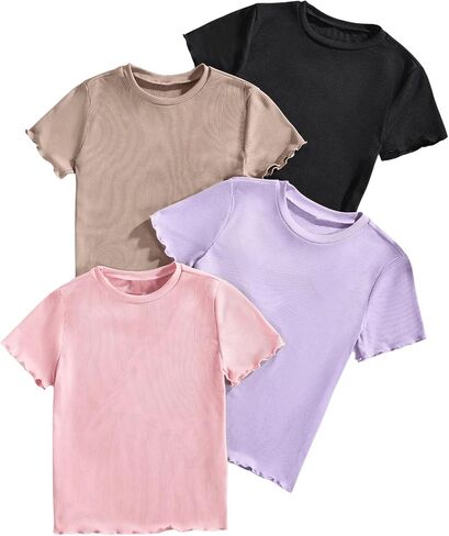 OYOANGLE Girl's 4 Pack Short Sleeve Crew Neck Ribbed Knit T-Shirts Set Summer Solid Tee Tops in Saudi Arabia