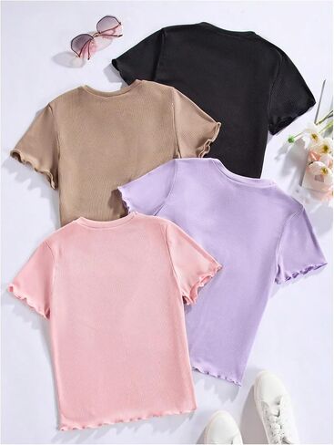 OYOANGLE Girl's 4 Pack Short Sleeve Crew Neck Ribbed Knit T-Shirts Set Summer Solid Tee Tops in Saudi Arabia