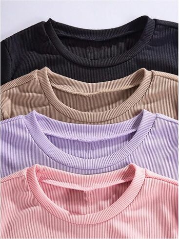 OYOANGLE Girl's 4 Pack Short Sleeve Crew Neck Ribbed Knit T-Shirts Set Summer Solid Tee Tops in Saudi Arabia