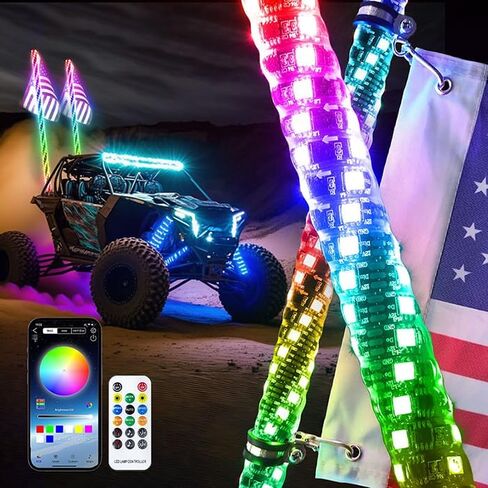 3FT LED Whip Lights for UTV RGB Chasing/Dancing Light Remote Control APP-Supported, 600+ Color Mode Combinations, RGB Chasing Lighted Antenna Whips for UTV, ATV, Truck, Dune Buggy in Kuwait