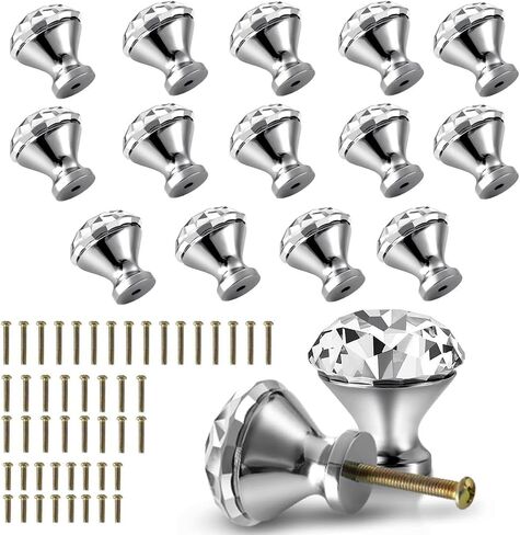 30mm Kitchen Cabinet Knobs Drawer Pull Handle Hardware, Crystal Clear Glass Round Diamond Shape Dresser Closet Bi-fold Door Bathroom Cupboard Desk Nightstand Furniture Decorative Drawer Knobs （16PCS） in Kuwait