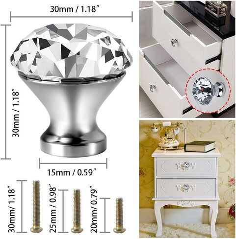 30mm Kitchen Cabinet Knobs Drawer Pull Handle Hardware, Crystal Clear Glass Round Diamond Shape Dresser Closet Bi-fold Door Bathroom Cupboard Desk Nightstand Furniture Decorative Drawer Knobs （16PCS） in Kuwait