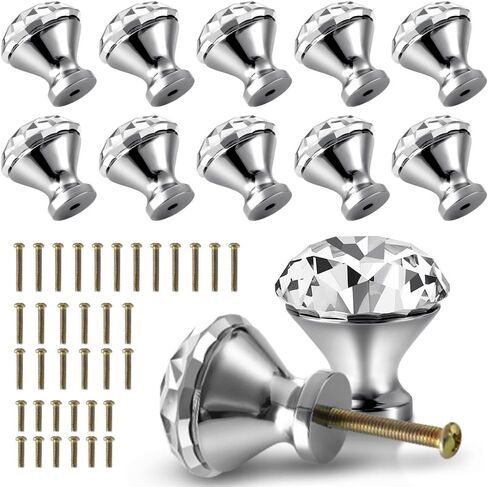 30mm Kitchen Cabinet Knobs Drawer Pull Handle Hardware, Crystal Clear Glass Round Diamond Shape Dresser Closet Bi-fold Door Bathroom Cupboard Desk Nightstand Furniture Decorative Drawer Knobs （16PCS） in Kuwait