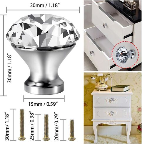 30mm Kitchen Cabinet Knobs Drawer Pull Handle Hardware, Crystal Clear Glass Round Diamond Shape Dresser Closet Bi-fold Door Bathroom Cupboard Desk Nightstand Furniture Decorative Drawer Knobs （16PCS） in Kuwait