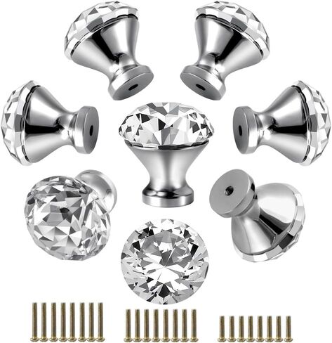 30mm Kitchen Cabinet Knobs Drawer Pull Handle Hardware, Crystal Clear Glass Round Diamond Shape Dresser Closet Bi-fold Door Bathroom Cupboard Desk Nightstand Furniture Decorative Drawer Knobs （16PCS） in Kuwait