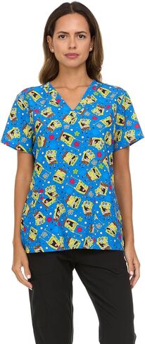 Spongebob Women's All Over Print, V-Neck Scrub Top with Pockets - Comfortable Work Uniform in Saudi Arabia