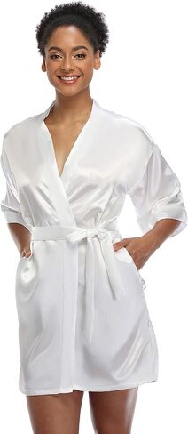 Women's Silky Robes Bridesmaid Stain Kimono Robe for Wedding Party Short Sleepwear Summer Bathrobes with Pockets in Saudi Arabia