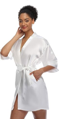 Women's Silky Robes Bridesmaid Stain Kimono Robe for Wedding Party Short Sleepwear Summer Bathrobes with Pockets in Saudi Arabia